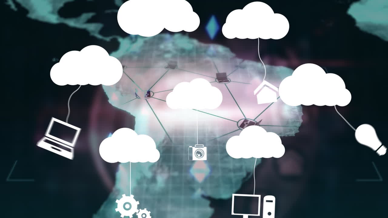 animación de nubes digitales con diversos dispositivos informáticos sobre el mapa del mundo