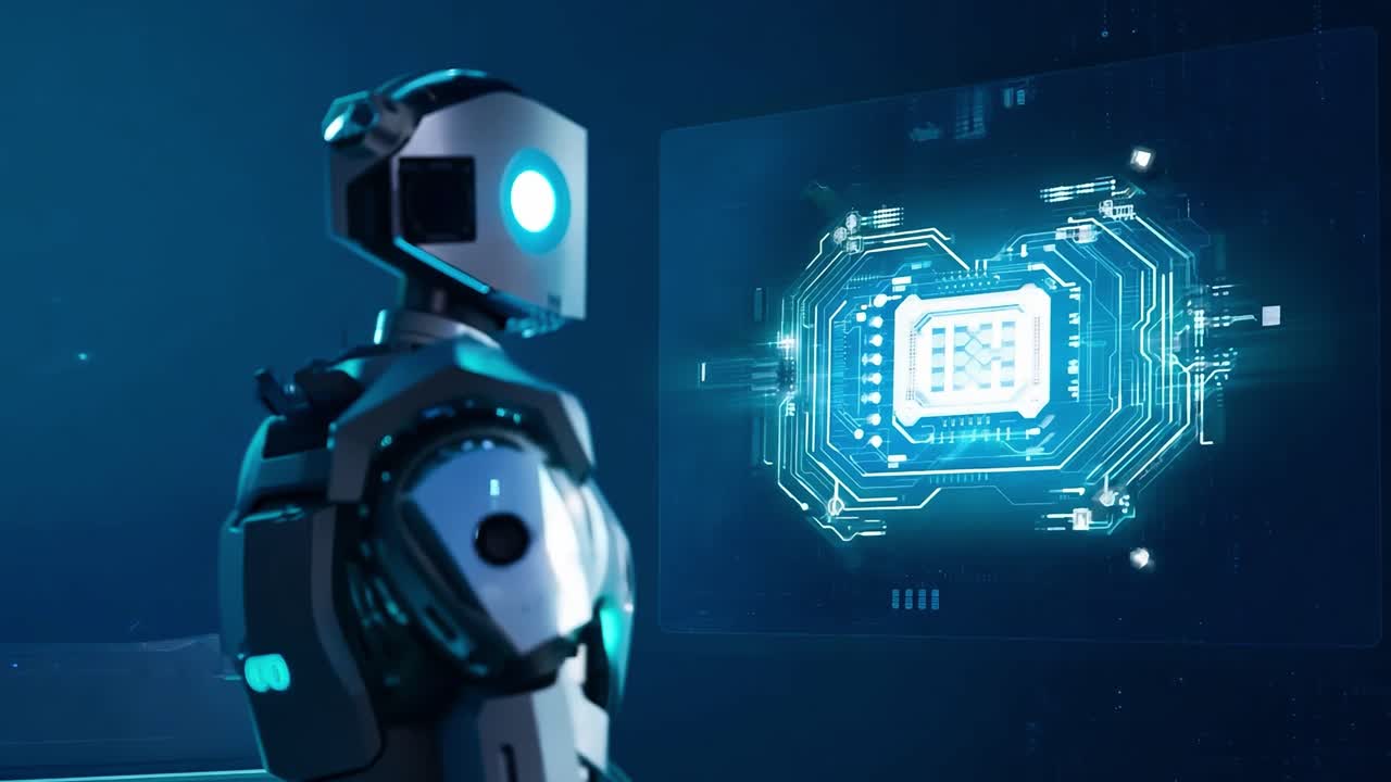 robot apuntando a una placa de circuito en una pantalla