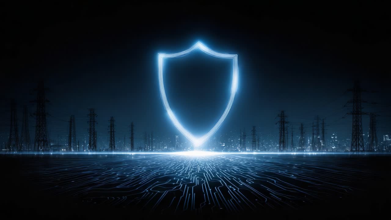 Dynamic Visualization of Cybersecurity: A Glowing Shield Symbol Representing Digital Protection Against Online Threats in a Futuristic Urban Landscape