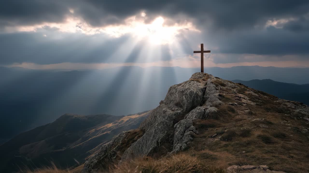 cruz en la cima rocosa de la montaña con rayos de sol