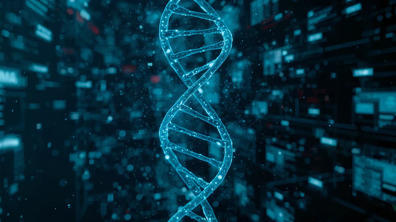 Elica di DNA al neon rotante che risponde al flusso tra i pannelli dati, i nodi pulsanti e l'invio di particelle