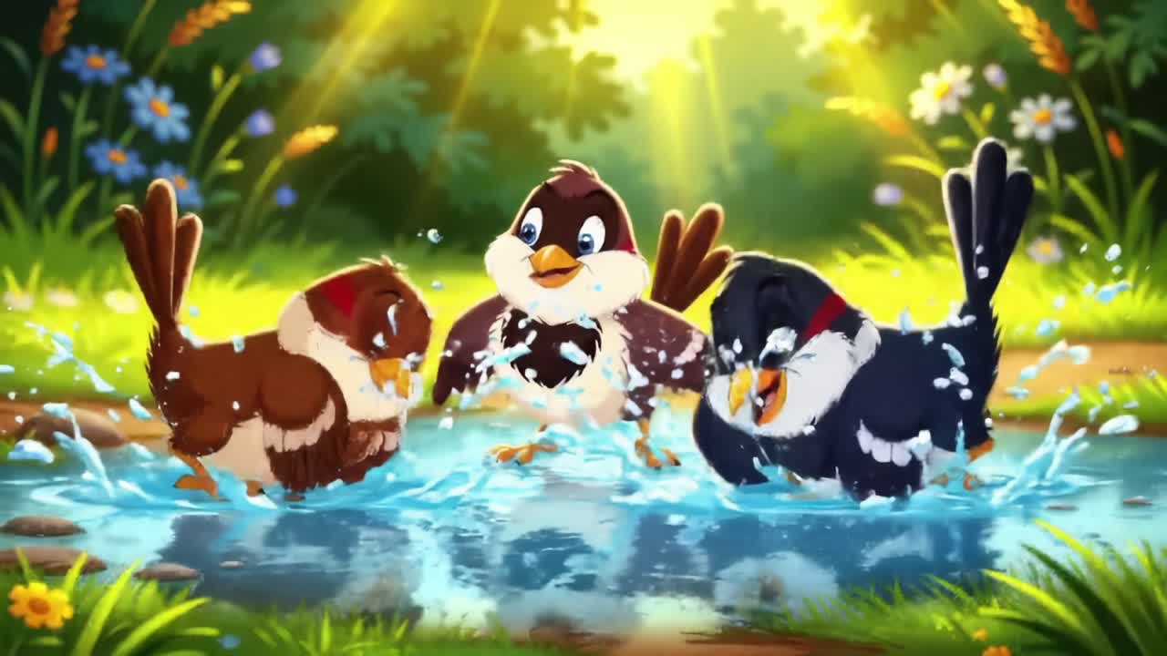 A Cheerful Gathering of Colorful Sparrows by the Poolside: Nature's Delightful Scene of Friendship and Joy in a Sunny Landscape