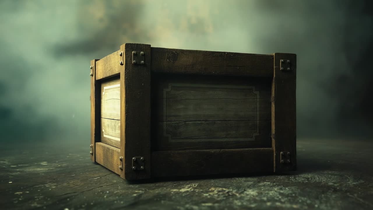 Rotating wooden crate revealing left panel in foggy chamber after pause, showing metal brackets