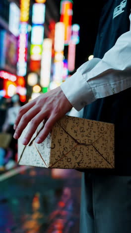 person holding food box in a city at night