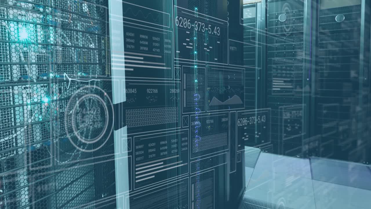 Animation of graphs, changing number, loading circles and bars over data server room