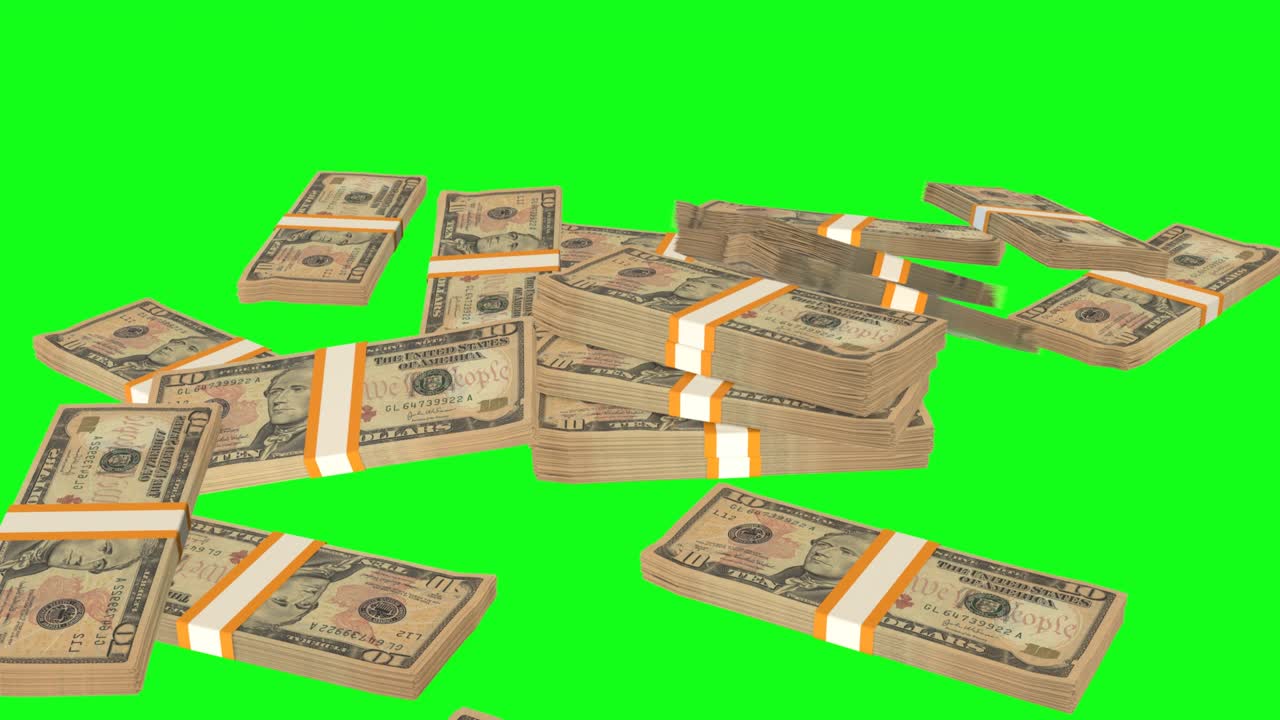 Many wads of money falling on chromakey background. 10 US dollar banknotes.