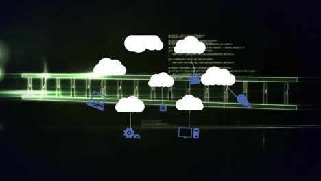 Animation-of-clouds-with-icons-over-dna-strand-and-data-processing