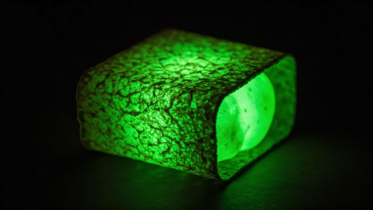 A Captivating Display of Illuminated Green Texture: An Enigmatic Green Object Radiating Light in Enclosed Space Captured in Two Distinct Frames