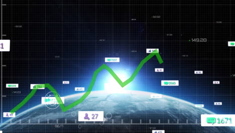 animation of social media icons over green line processing and globe