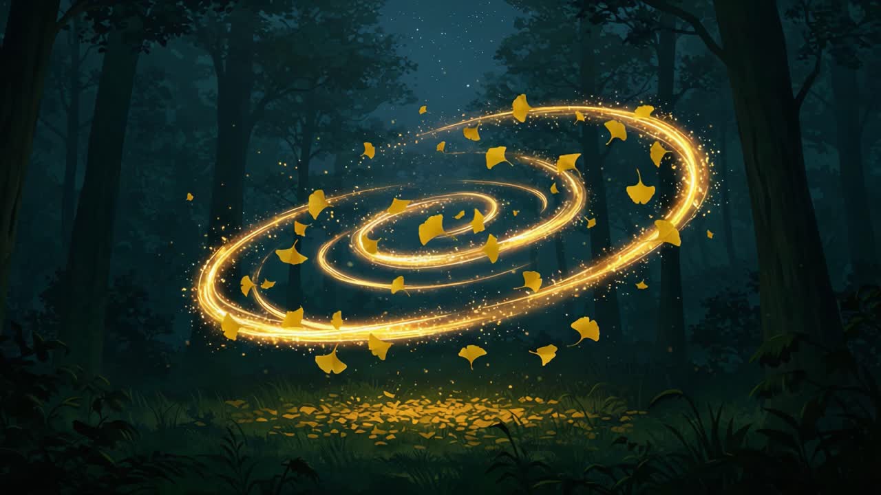 A Mystical Festival of Light: Enchanted Golden Swirls Dancing Amongst the Forest, Creating an Otherworldly Atmosphere of Magic and Wonder