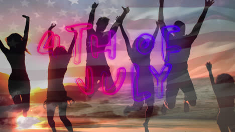 4th of july text with flag and silhouette of people jumping by the beach