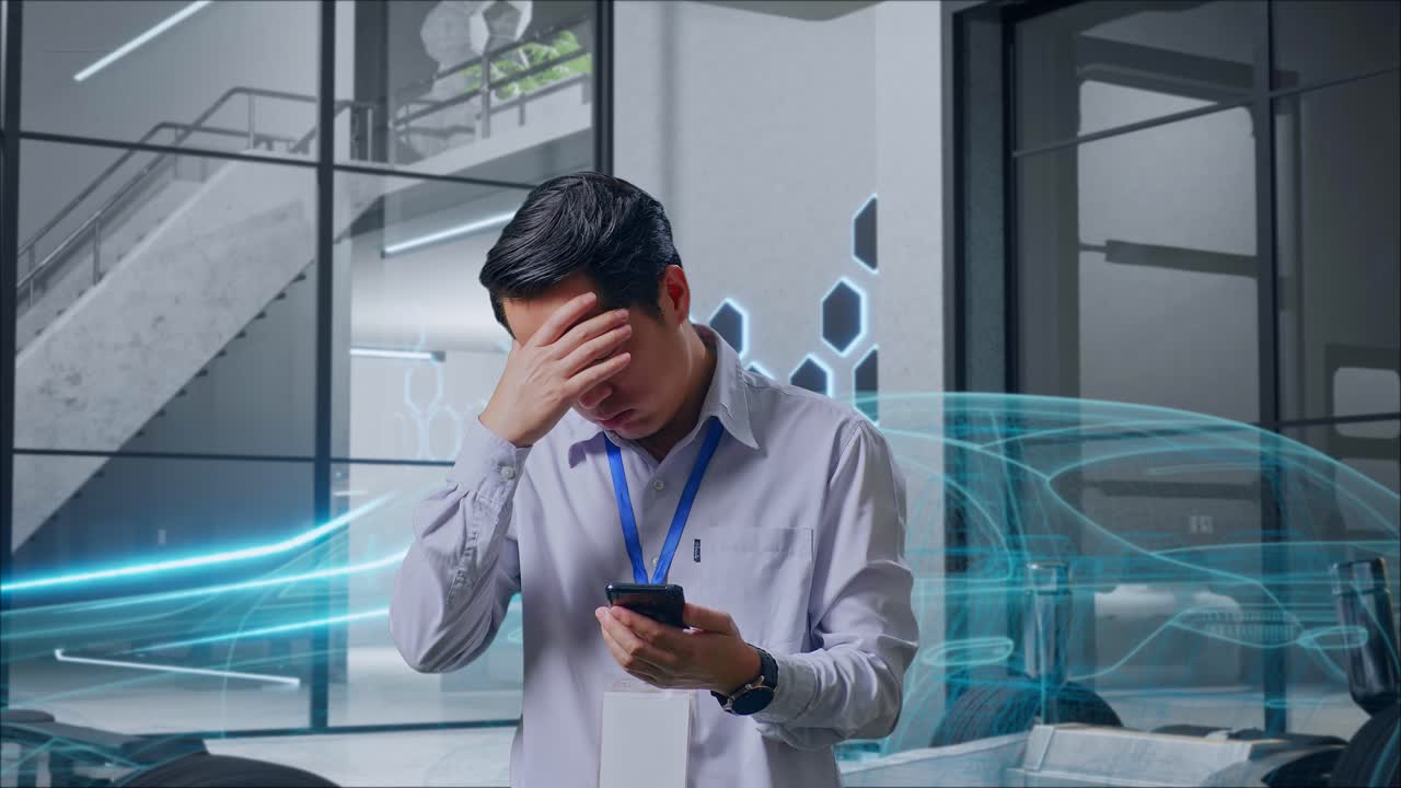 현대적 인 사무실 에서 전화 를 보고 있는 사업가