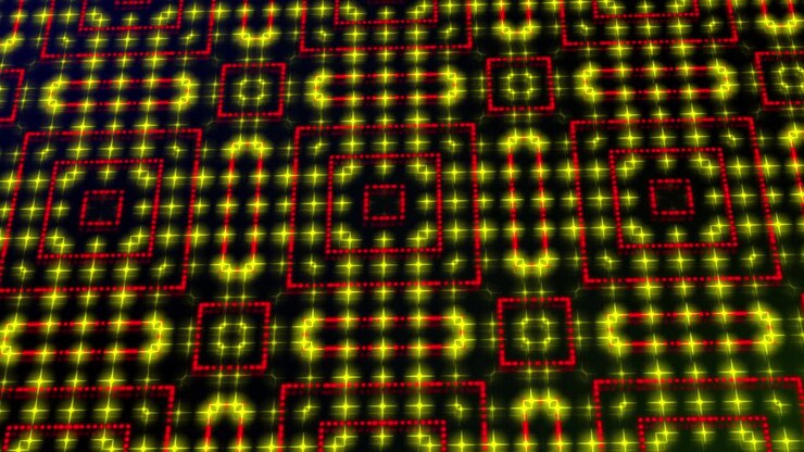 Animated illustration light shinning red and yellow dots and stars square shapes.