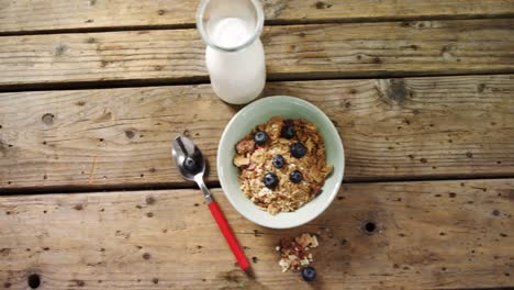 Muesli-Y-Arándanos-En-Un-Recipiente-Con-Un-Vaso-De-Leche-4k