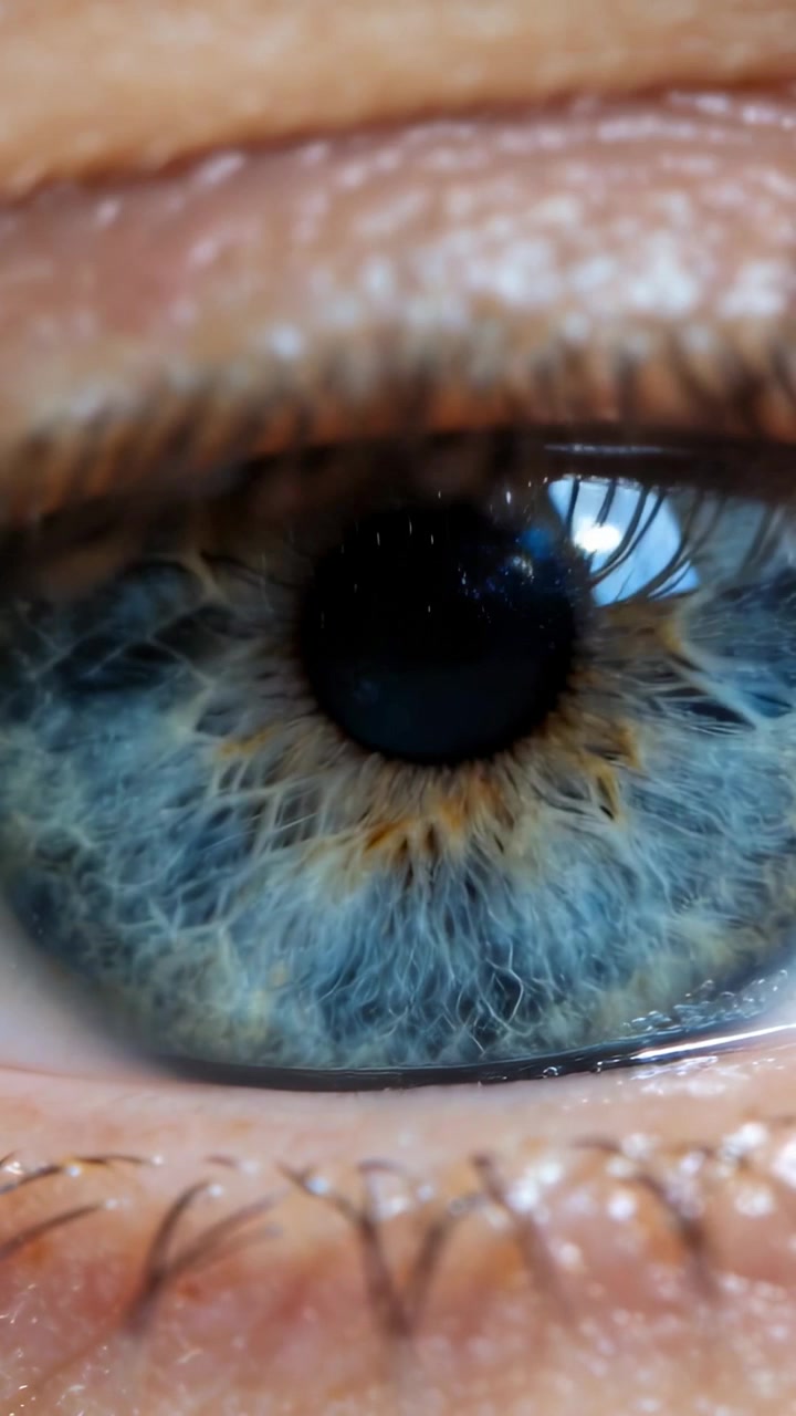 Vertical video: Reacting to light shift, eye pupil shrinking, half-blinking at home with iris gleam