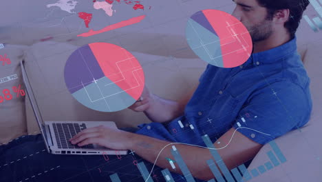 Animation-Der-Infografik-Oberfläche,-Kaukasischer-Mann,-Der-Am-Laptop-Arbeitet-Und-Zu-Hause-Mit-Dem-Handy-Telefoniert