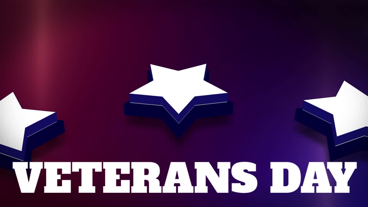 animación de las palabras día de los veteranos con un círculo de estrellas blancas girando sobre fondo azul y rojo.