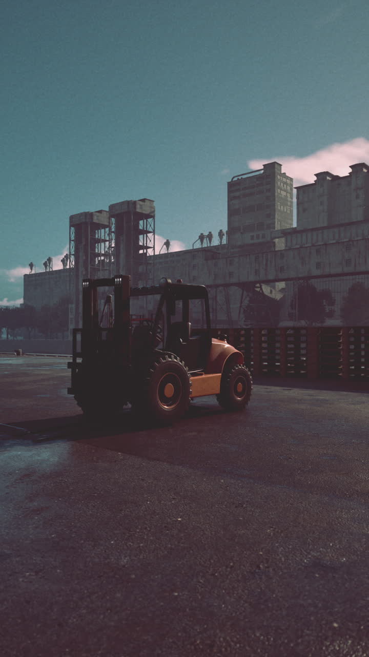 A rusty forklift sits in front of an abandoned factory
