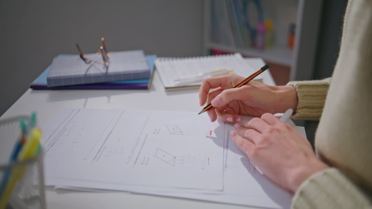 Educator hands correcting homework at apartment closeup. Teacher checking tasks