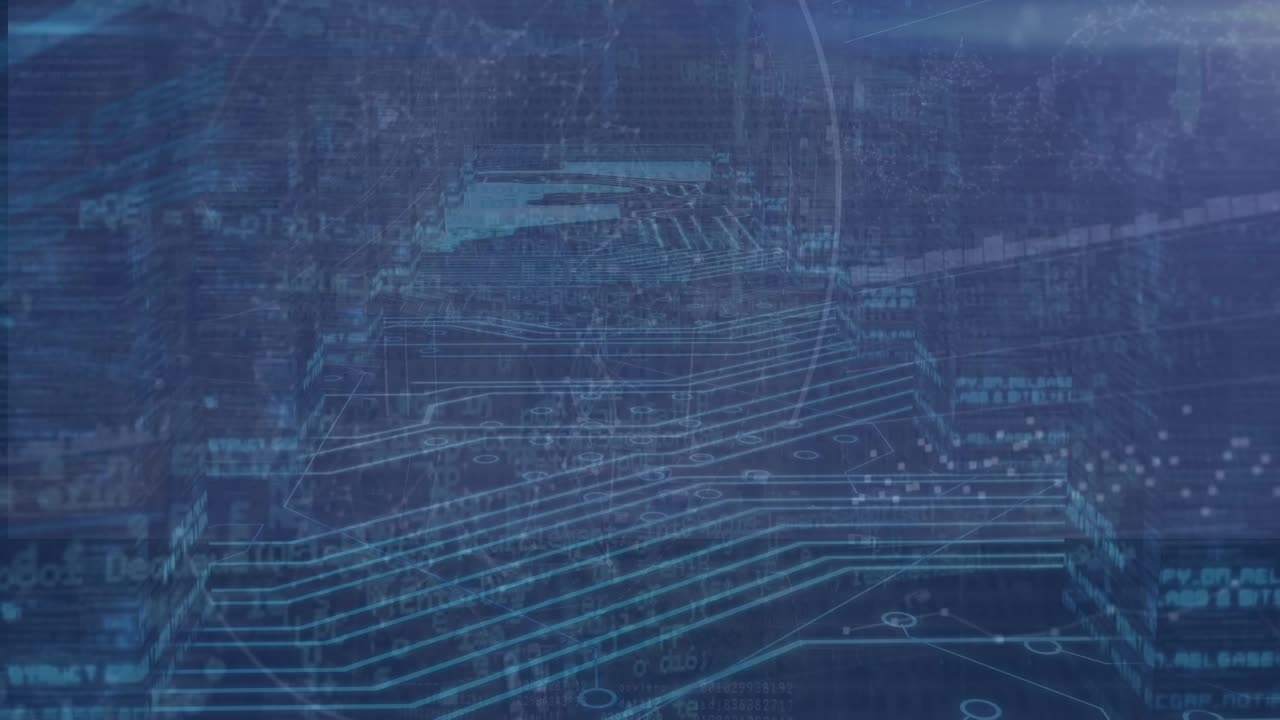 Animation of data processing with connecting dots, hud elements on digital interface