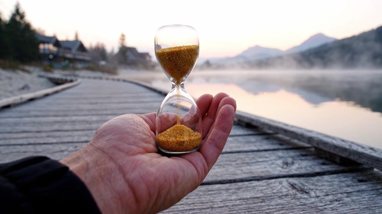 Capturing the Essence of Time: An Hourglass Held by a Hand Overlooking a Serene Lake at Dawn with Mist and Mountains in the Background