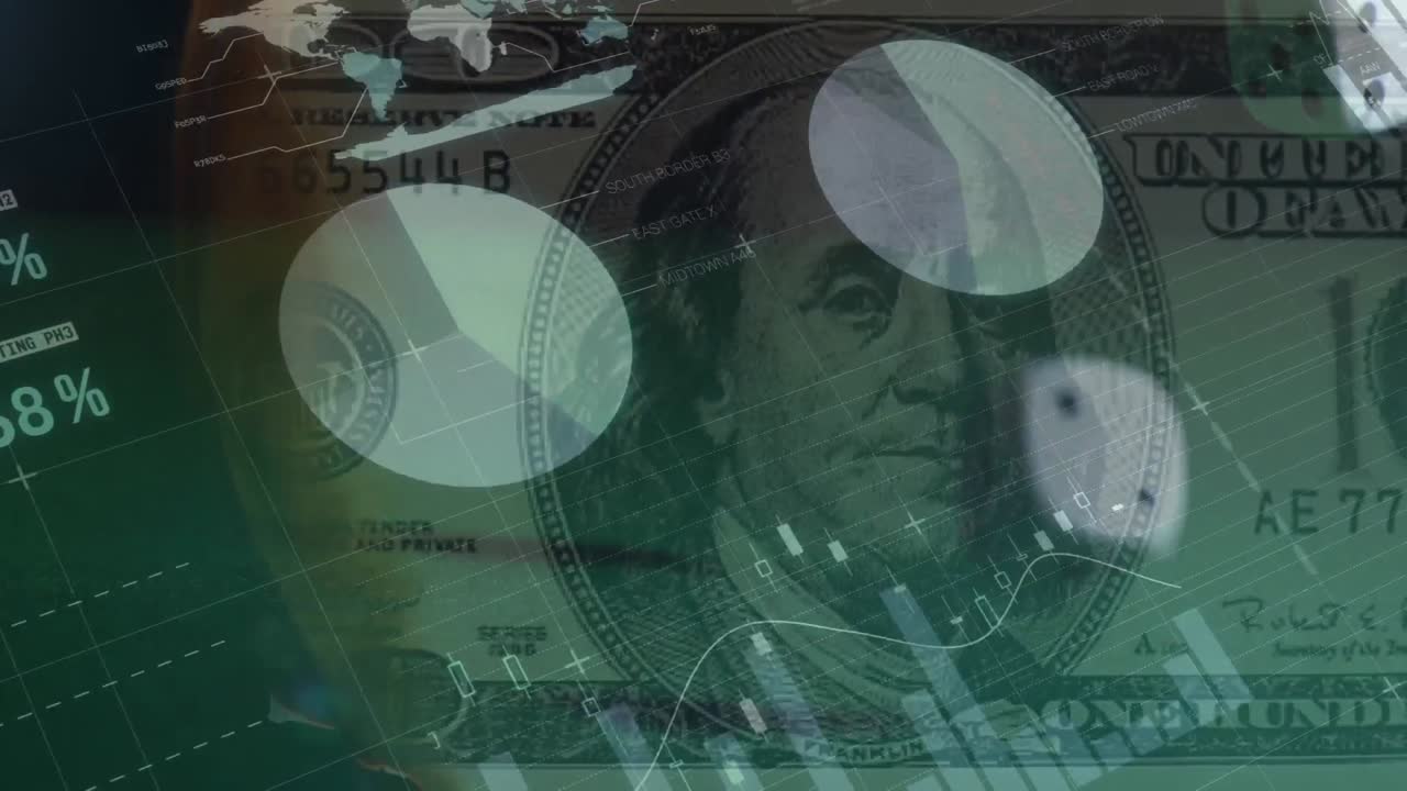 Animation of financial data processing over two dice and american dollar bills on green background
