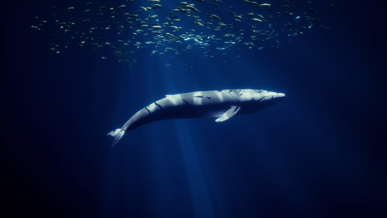 Majestic whale gliding through sunlight beams in deep ocean waters