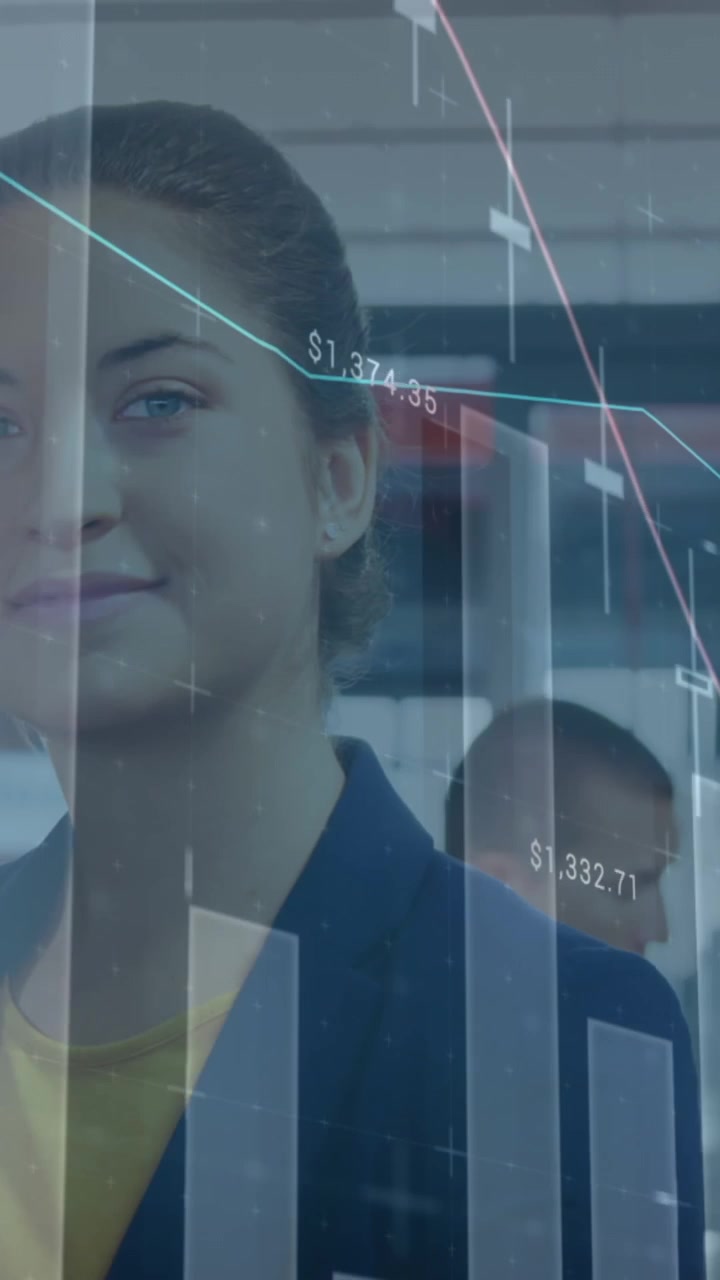 Animation of financial data processing over business people