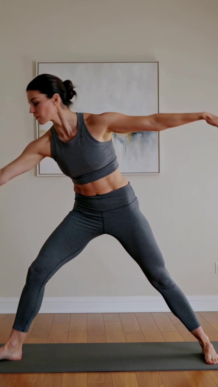 Vertical video: Stretching woman performing standing twist at home in dark sportswear on dark mat