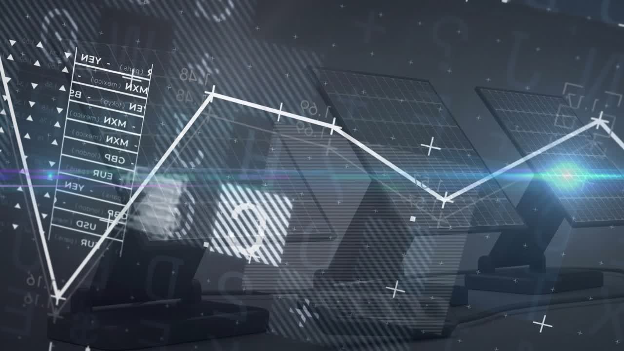 Polyline chart emerging from left and sweeping over solar panels and numeric cubes visualizing data