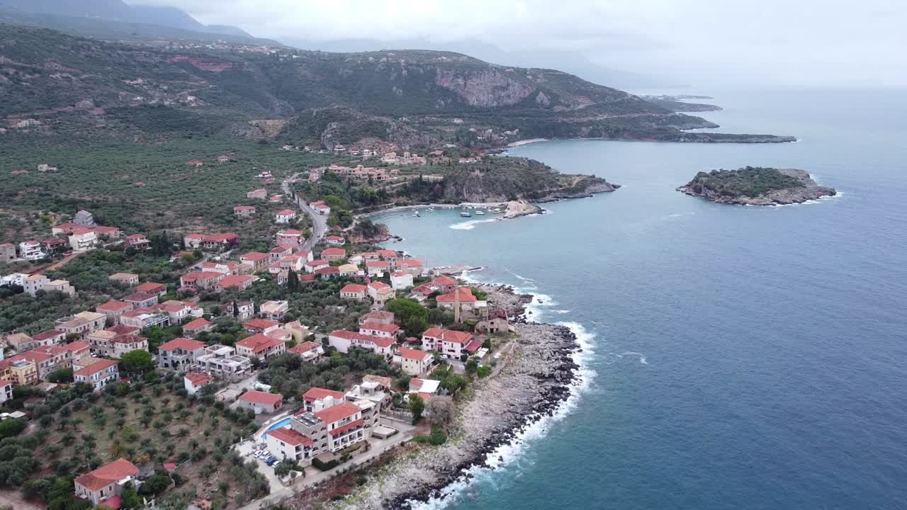 Seaside Town Kardamyli at Messenia, Mani, Peloponnese, Greece - Aerial Forward