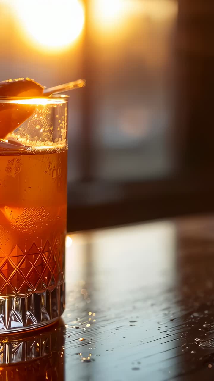 Vertical video: Sunlight shifting, making tumbler glinting on table by window, citrus, copy space