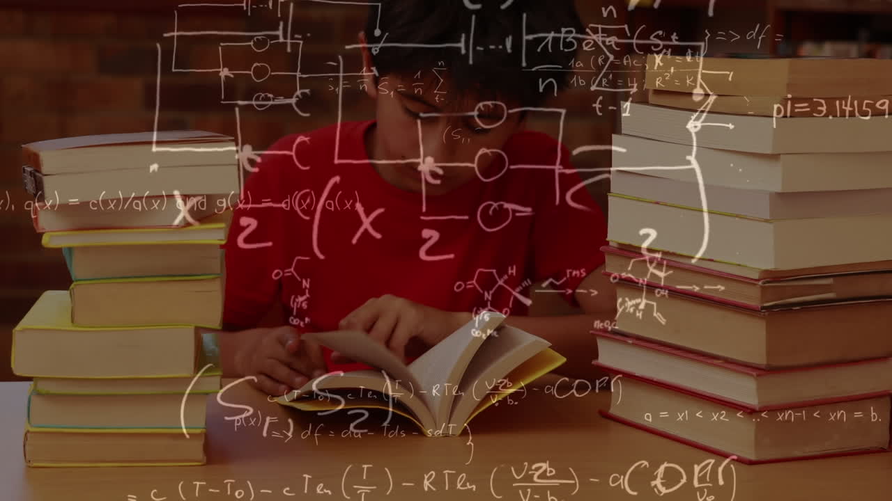 도서관에서 책을 읽는 백인 소년에 대항하여 떠다니는 수학 방정식