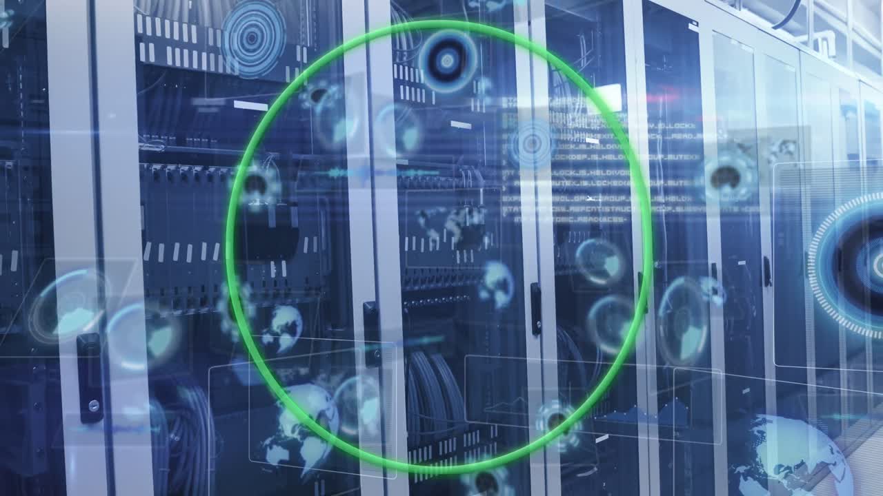 animación del escaneo del alcance con procesamiento de datos sobre la sala del servidor