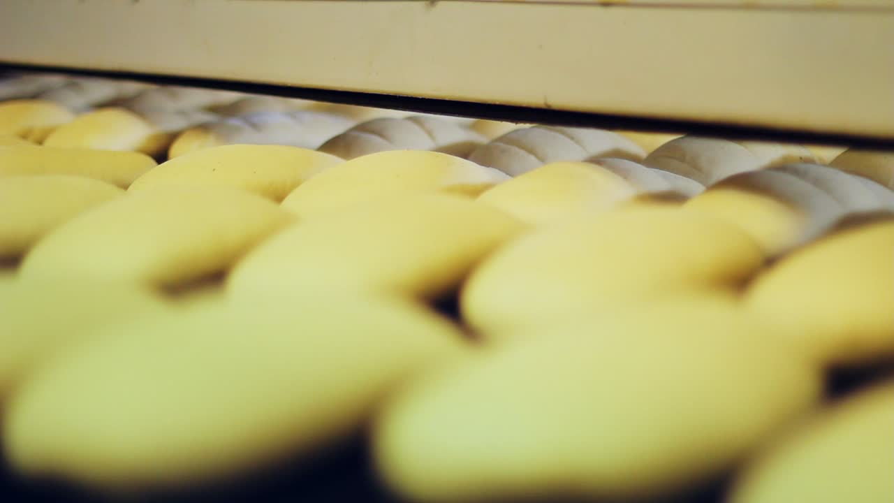 Food processing plant. White bread production process. Bread factory bakery