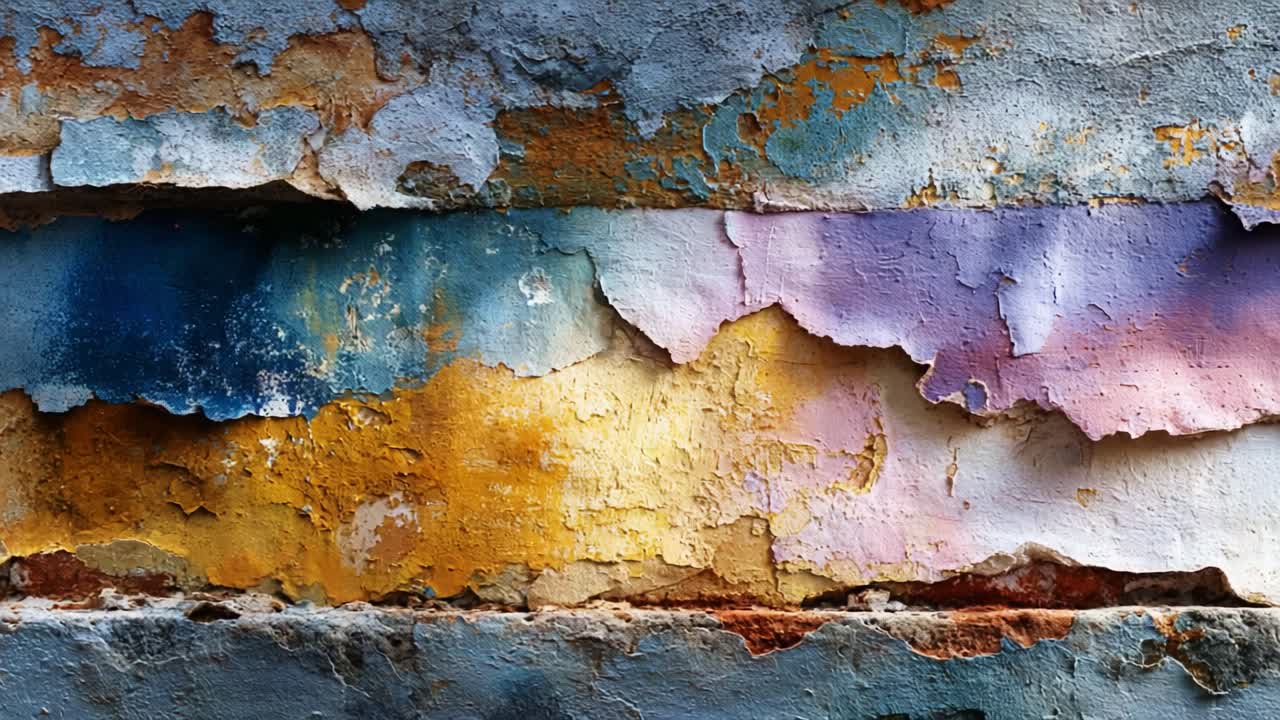 Vibrant Layers of Peeling Paint: A Close-Up Exploration of Textured Surfaces and Colorful Patterns Amidst Weathered and Worn Walls, Capturing the Essence of Decay and Beauty