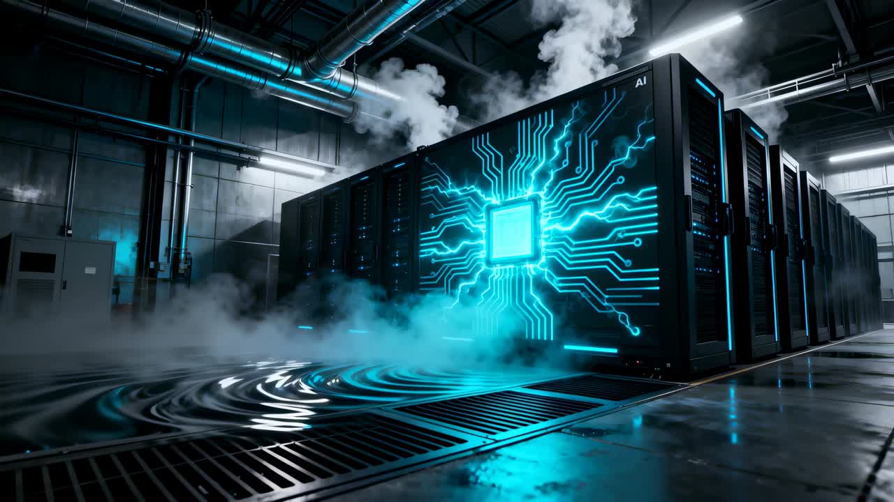 Camera moving forward revealing nearest server rack pulsing and displaying cyan chip in data center