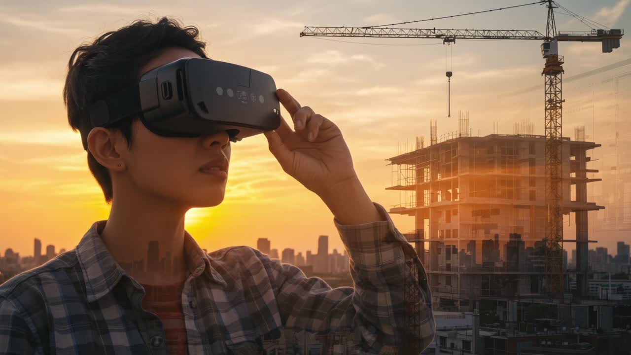 Exploring the Future of Construction: A Person Engaging with Virtual Reality Technology Against a Scenic Urban Sunset and Ongoing Building Project