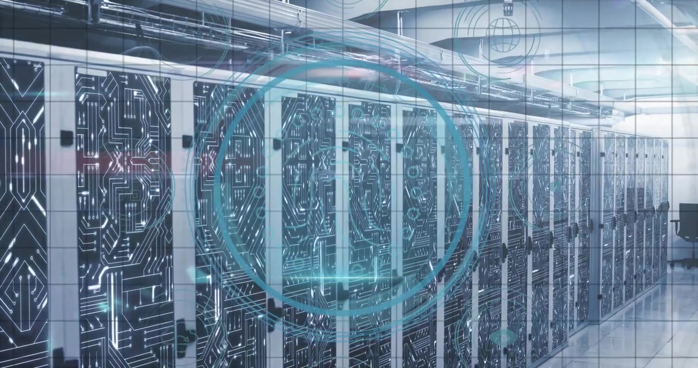 Fading turquoise Data Protection text initiating circle forming and scanning securing server data