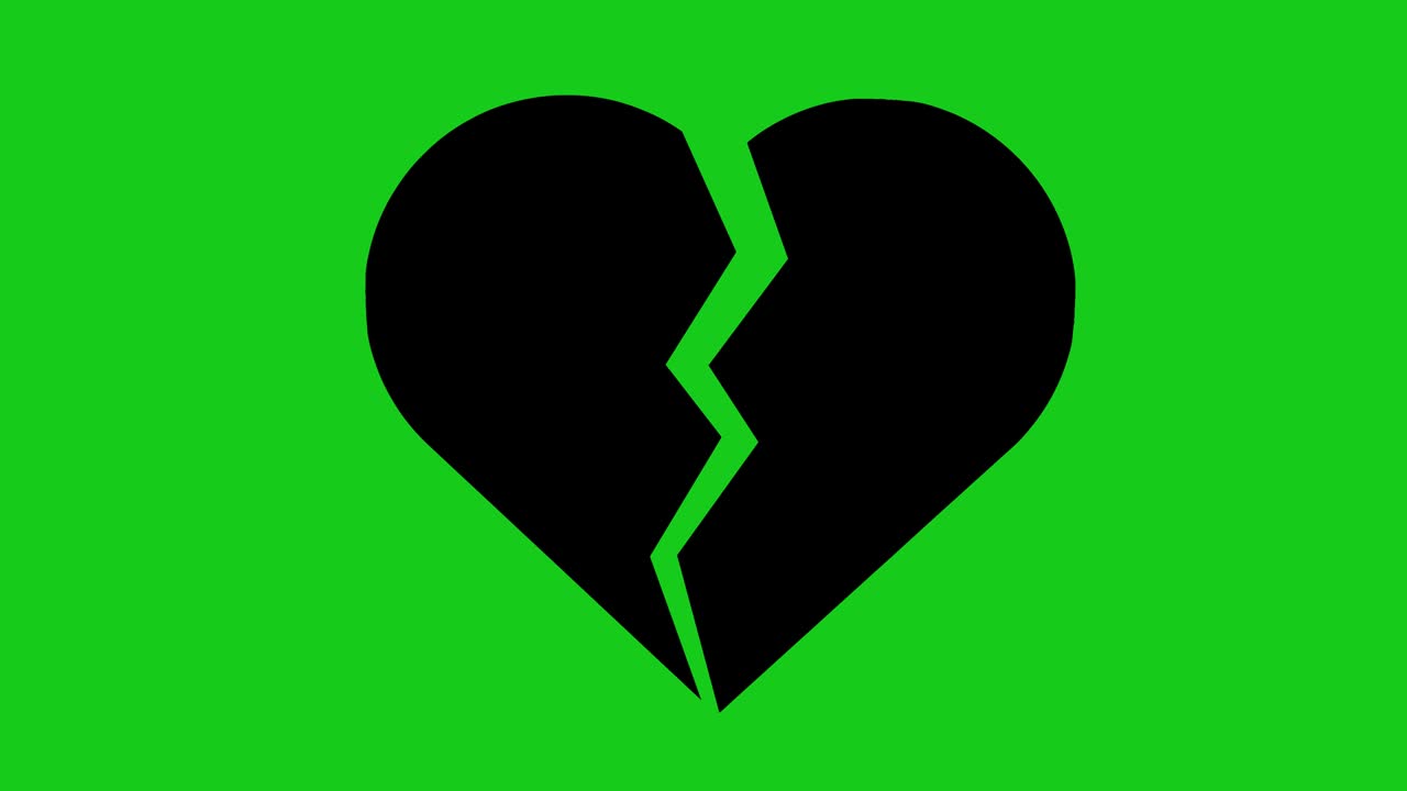 Loop animation of the black silhouette of a heart breaking in half as a concept of lovesickness