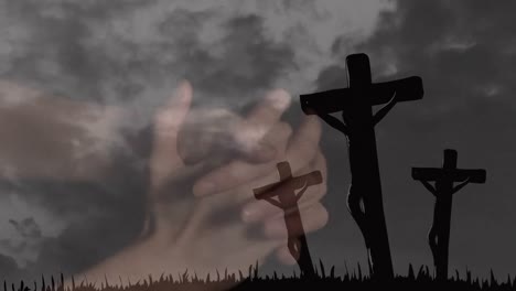 animación de una mujer caucásica orando sobre cruces y nubes