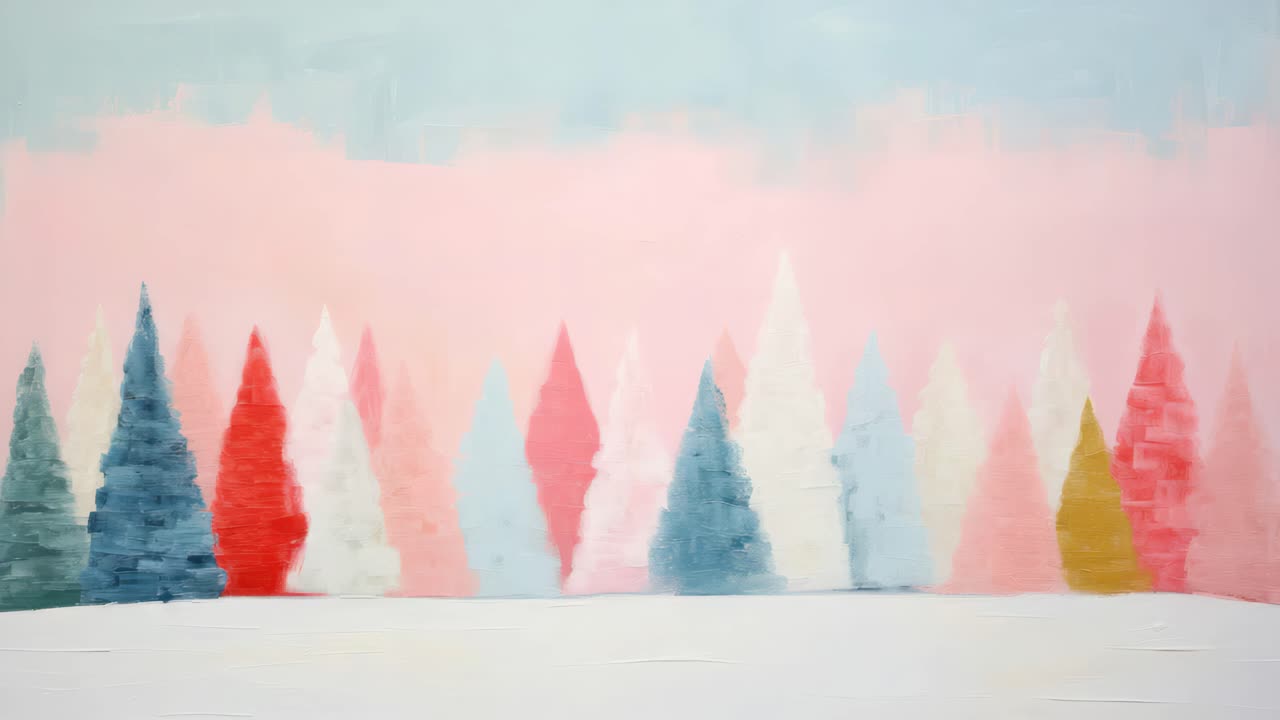 A serene, pastel-colored landscape painting of abstract trees, captured from a frontal angle