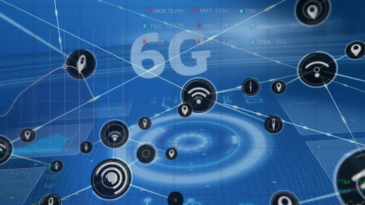 animación de iconos conectados a través de 6g texto, gráficos y tablero de negociación y lenguaje informático