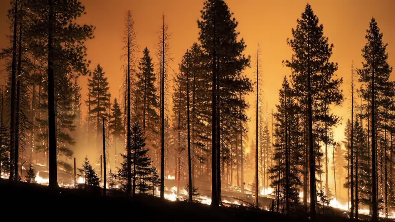 Wildfire Spreads Through Forest at Dusk, Creating an Intense Orange Glow in the Sky