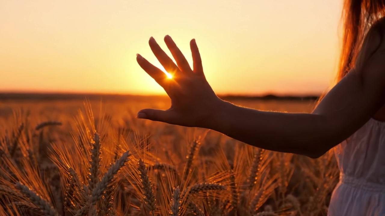 A Serene Moment of Connection: A Child’s Hand Grazie the Golden Wheat Fields as the Sun Sets, Illuminating the Sky with Warm Hues of Orange and Yellow