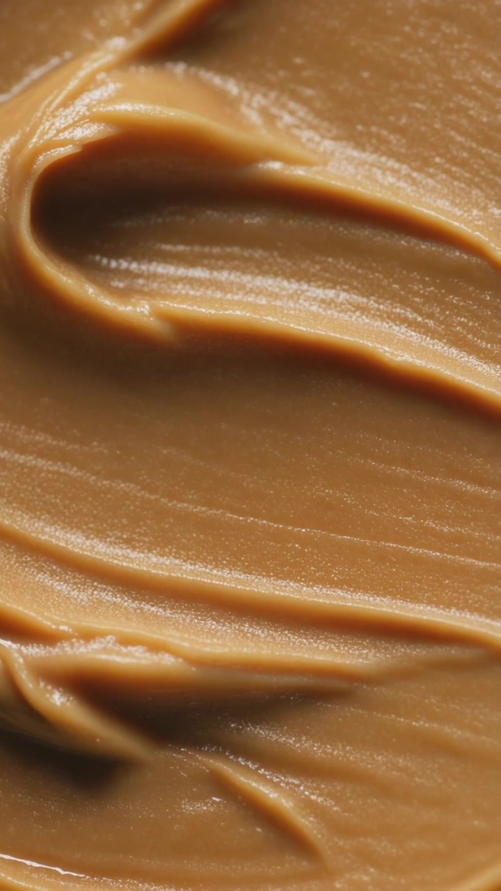 Beautiful close up of smooth peanut butter spread texture moving slowly across the screen.