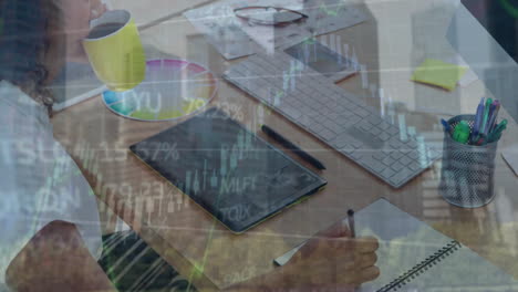 animation of financial data processing and cityscape over african american businesswoman in office