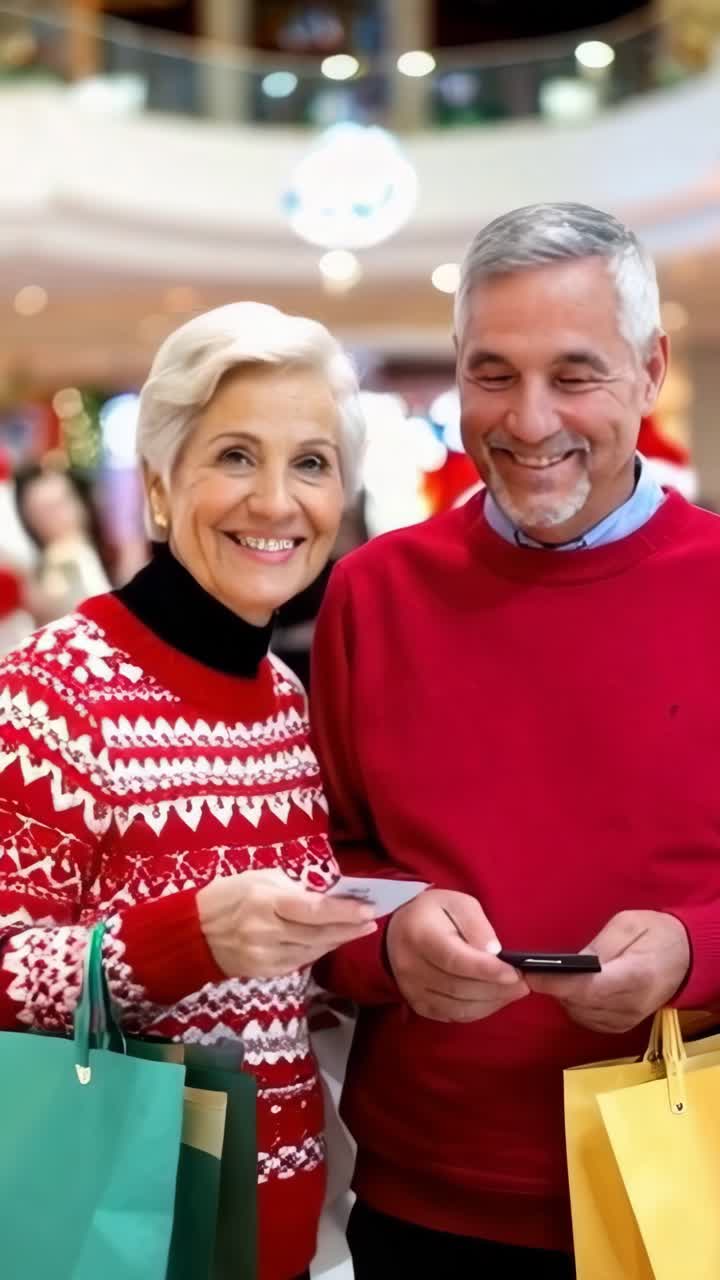 A senior couple holding shopping bags, smiling at the camera in shopping mall on Christmas season