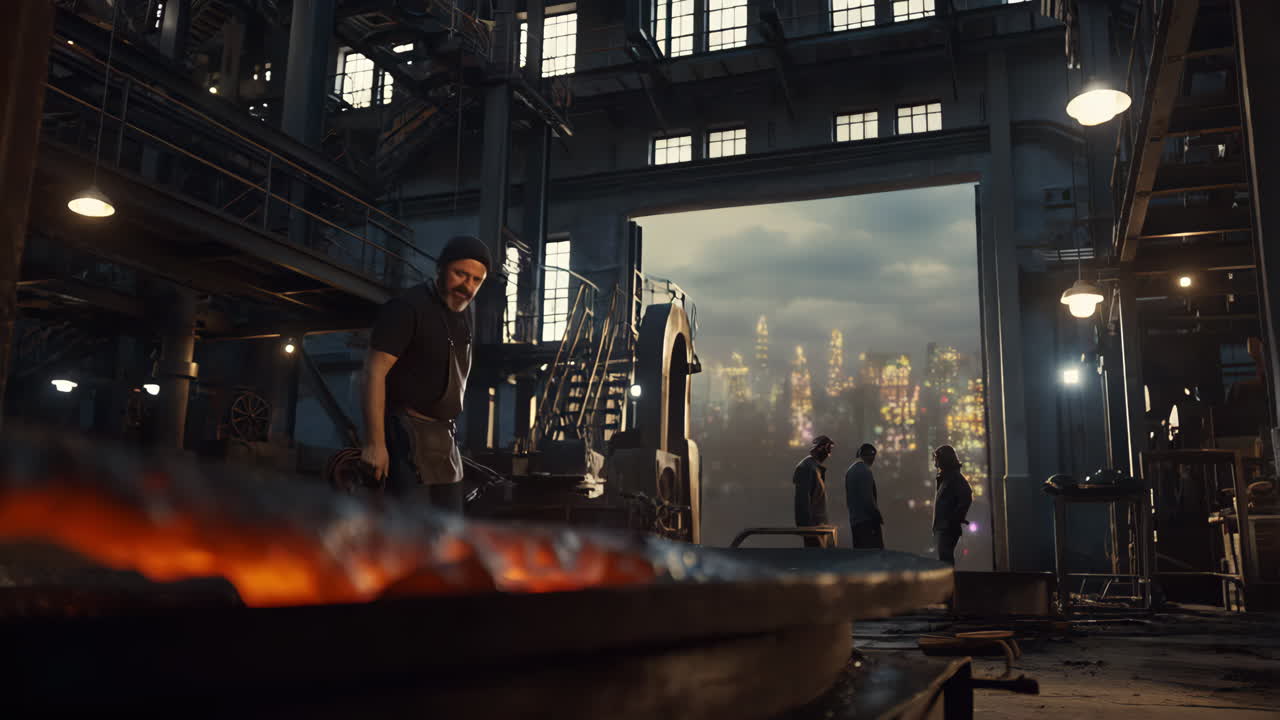 Blacksmith Forging Hot Metal in an Industrial Workshop with a Cityscape View