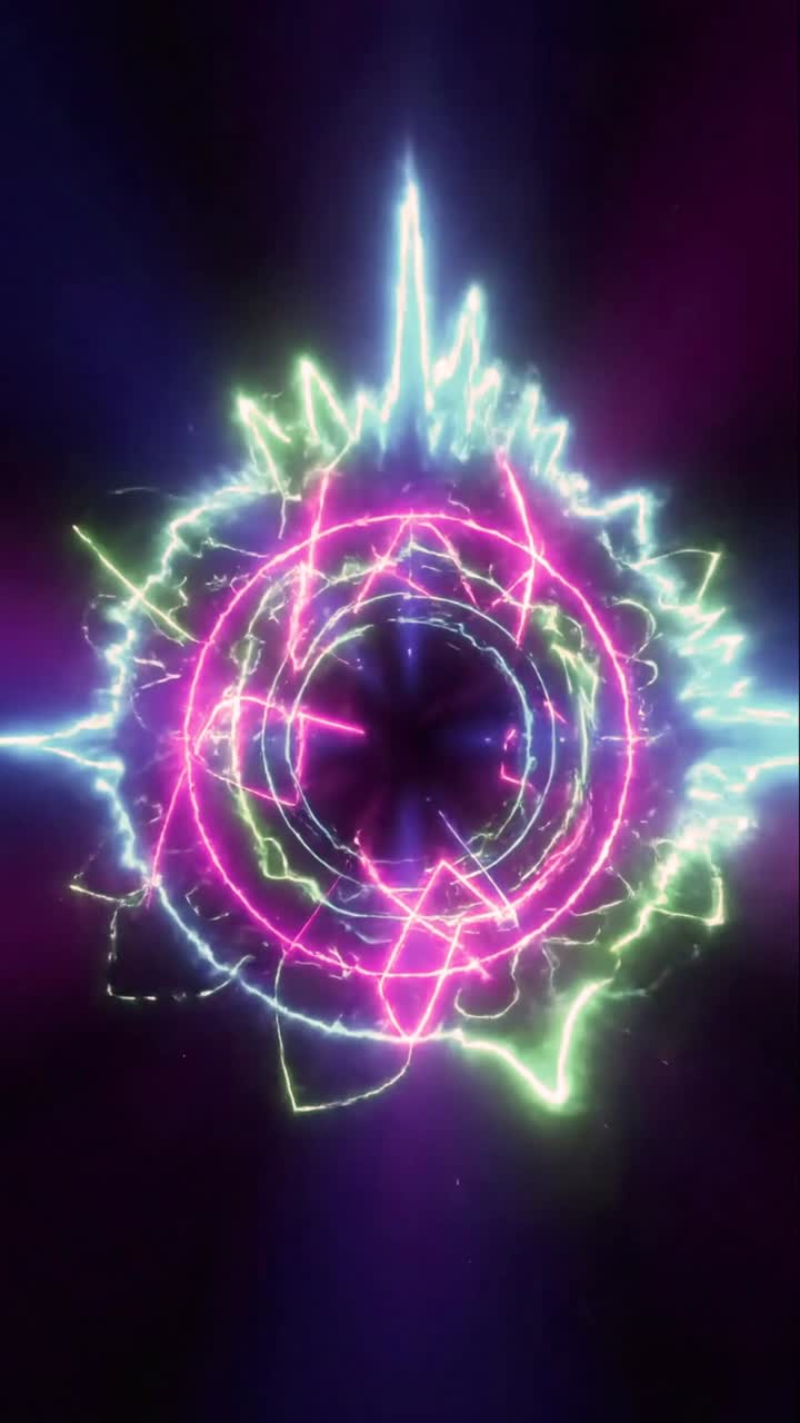 Animazione di Anelli di Luce Neon Vibranti e Particelle Elettriche